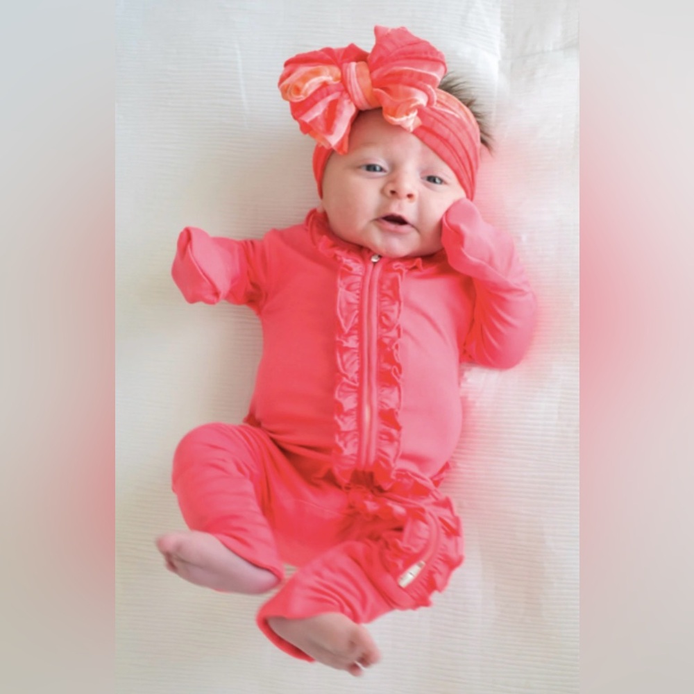 ROCKIN ROYALTY Baby Girl Coral Crush Bamboo Ruffle Convertible Sleeper - NB